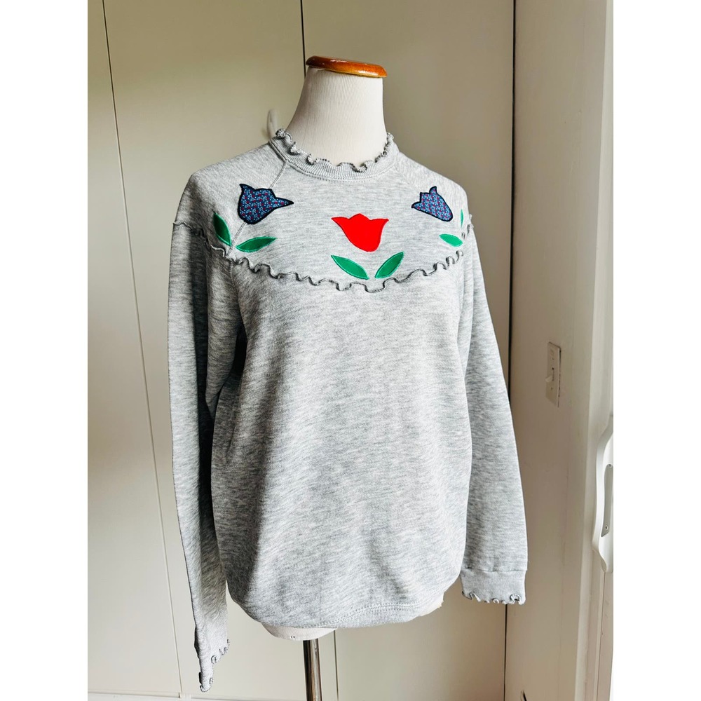 Vintage 80s Sweatshirt Tulips Lettuce Trim Grey Red Large Made in USA Granny - Picture 4 of 8